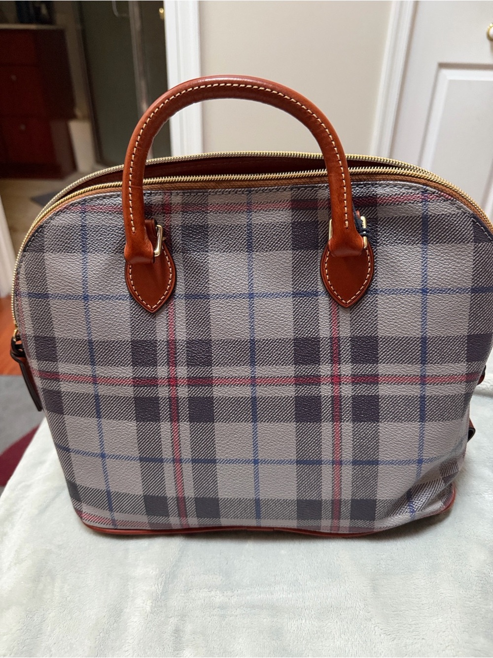 Plaid Satchel with Brown Leather Trim - Gray & Brown
